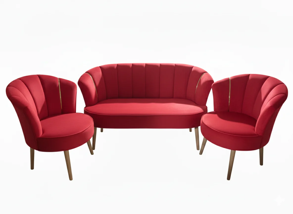 Canapé trois places en cuir cognac avec table basse ronde en bois